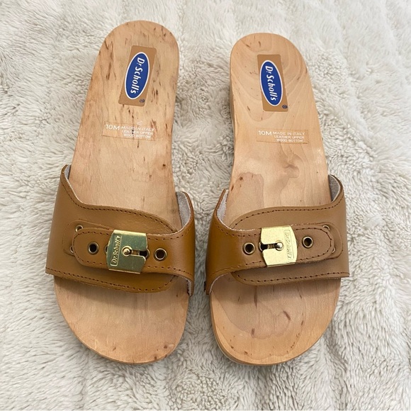 Dr. Scholl's Leather Original Wooden Sandals Slide Tan Made in Italy New Size 10 - Picture 1 of 12